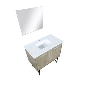 Lexora LLC36SKSOSM28 Lancy 36" Rustic Acacia Bathroom Vanity, White Quartz Top, White Square Sink, and 28" Frameless Mirror