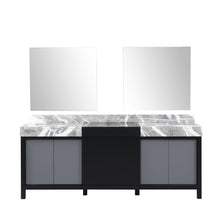 Load image into Gallery viewer, Lexora LZ342284DLISM34 Zilara 84&quot; Black and Grey Double Vanity, Castle Grey Marble Tops, White Square Sinks, and 34&quot; Frameless Mirrors