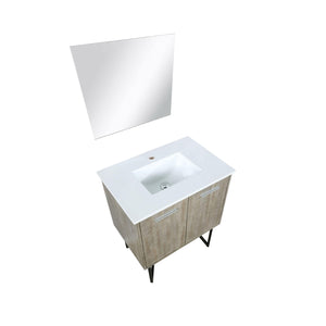 Lexora LLC30SKSOSM28 Lancy 30" Rustic Acacia Bathroom Vanity, White Quartz Top, White Square Sink, and 28" Frameless Mirror