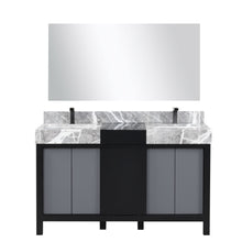 Load image into Gallery viewer, Lexora LZ342255SLISM53FBG Zilara 55&quot; Black and Grey Double Vanity, Castle Grey Marble Tops, White Square Sinks, Balzani Gun Metal Faucet Sets, and 53&quot; Frameless Mirror