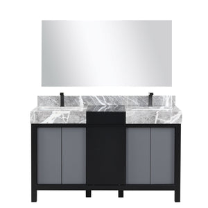 Lexora LZ342255SLISM53FBG Zilara 55" Black and Grey Double Vanity, Castle Grey Marble Tops, White Square Sinks, Balzani Gun Metal Faucet Sets, and 53" Frameless Mirror