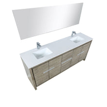 Load image into Gallery viewer, Lexora LLF80DKSODM70FBN Lafarre 80&quot; Rustic Acacia Double Bathroom Vanity, White Quartz Top, White Square Sinks, Labaro Brushed Nickel Faucet Set, and 70&quot; Frameless Mirror