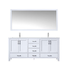 Load image into Gallery viewer, Lexora LJ342272DADSM70F Jacques 72&quot; White Double Vanity, White Carrara Marble Top, White Square Sinks and 70&quot; Mirror w/ Faucets