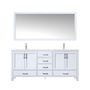 Lexora LJ342272DADSM70F Jacques 72" White Double Vanity, White Carrara Marble Top, White Square Sinks and 70" Mirror w/ Faucets