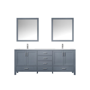 Lexora LJ342280DBDSM30F Jacques 80" Dark Grey Double Vanity, White Carrara Marble Top, White Square Sinks and 30" Mirrors w/ Faucets