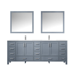Lexora LJ342284DBDSM34F Jacques 84" Dark Grey Double Vanity, White Carrara Marble Top, White Square Sinks and 34" Mirrors w/ Faucets