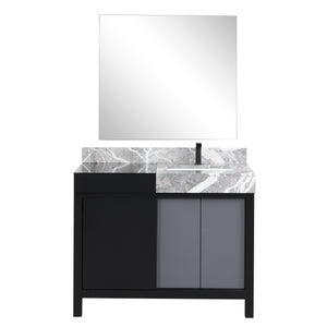 Lexora LZ342242SLISM34FBG Zilara 42" Black and Grey Vanity, Castle Grey Marble Top, White Square Sink, Balzani Gun Metal Faucet Set, and 34" Frameless Mirror