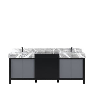 Lexora LZ342284DLISFBG Zilara 84" Black and Grey Double Vanity, Castle Grey Marble Tops, White Square Sinks, and Balzani Gun Metal Faucet Set