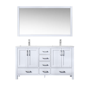 Lexora LJ342260DADSM58F Jacques 60" White Double Vanity, White Carrara Marble Top, White Square Sinks and 58" Mirror w/ Faucets