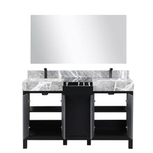 Load image into Gallery viewer, Lexora LZ342255SLISM53FBG Zilara 55&quot; Black and Grey Double Vanity, Castle Grey Marble Tops, White Square Sinks, Balzani Gun Metal Faucet Sets, and 53&quot; Frameless Mirror