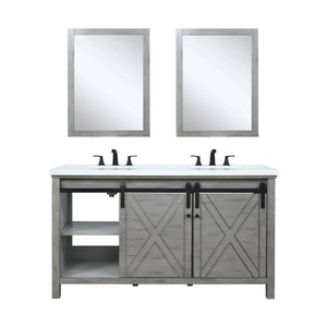 Lexora LM342260DHCSM24F Marsyas 60" Ash Grey Double Vanity, White Quartz Top, White Square Sinks and 24" Mirrors w/ Faucets