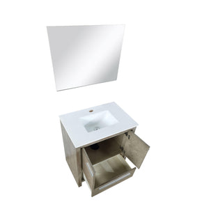 Lexora LLF30SKSOSM28 Lafarre 30" Rustic Acacia Bathroom Vanity, White Quartz Top, White Square Sink, and 28" Frameless Mirror