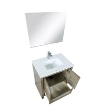 Load image into Gallery viewer, Lexora LLF30SKSOSM28FGM Lafarre 30&quot; Rustic Acacia Bathroom Vanity, White Quartz Top, White Square Sink, Balzani Gun Metal Faucet Set, and 28&quot; Frameless Mirror