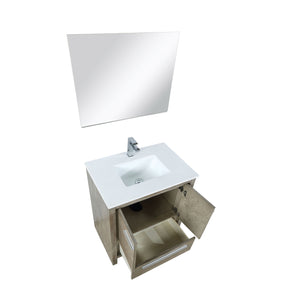 Lexora LLF30SKSOSM28FGM Lafarre 30" Rustic Acacia Bathroom Vanity, White Quartz Top, White Square Sink, Balzani Gun Metal Faucet Set, and 28" Frameless Mirror