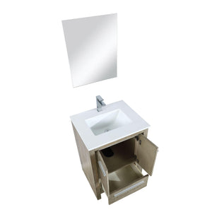 Lexora LLF24SKSOSM18FGM Lafarre 24" Rustic Acacia Bathroom Vanity, White Quartz Top, White Square Sink, Balzani Gun Metal Faucet Set, and 18" Frameless Mirror