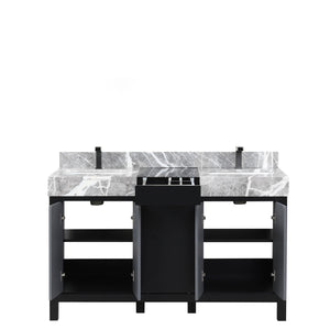 Lexora LZ342255SLISFBG Zilara 55" Black and Grey Double Vanity, Castle Grey Marble Tops, White Square Sinks, and Balzani Gun Metal Faucet Set