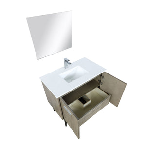 Lexora LLC36SKSOSM28FRG Lancy 36" Rustic Acacia Bathroom Vanity, White Quartz Top, White Square Sink, Labaro Rose Gold Faucet Set, and 28" Frameless Mirror