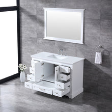 Load image into Gallery viewer, Lexora LD342248SAWQM46F Dukes 48&quot; White Single Vanity, White Quartz Top, White Square Sink and 46&quot; Mirror w/ Faucet