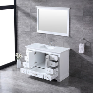 Lexora LD342248SAWQM46F Dukes 48" White Single Vanity, White Quartz Top, White Square Sink and 46" Mirror w/ Faucet