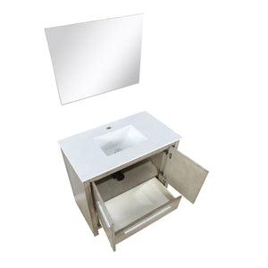 Lexora LLF36SKSOSM28 Lafarre 36" Rustic Acacia Bathroom Vanity, White Quartz Top, White Square Sink, and 28" Frameless Mirror