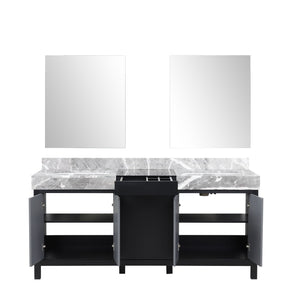 Lexora LZ342272DLISM28 Zilara 72" Black and Grey Double Vanity, Castle Grey Marble Tops, White Square Sinks, and 28" Frameless Mirrors