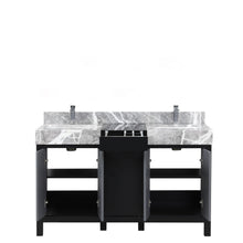 Load image into Gallery viewer, Lexora LZ342255SLISFMC Zilara 55&quot; Black and Grey Double Vanity, Castle Grey Marble Tops, White Square Sinks, and Monte Chrome Faucet Set