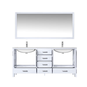 Lexora LJ342272DADSM70F Jacques 72" White Double Vanity, White Carrara Marble Top, White Square Sinks and 70" Mirror w/ Faucets