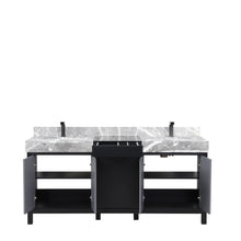 Load image into Gallery viewer, Lexora LZ342272DLISFBG Zilara 72&quot; Black and Grey Double Vanity, Castle Grey Marble Tops, White Square Sinks, and Balzani Gun Metal Faucet Set