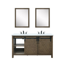 Load image into Gallery viewer, Lexora LM342260DKCSM24F Marsyas 60&quot; Rustic Brown Double Vanity, White Quartz Top, White Square Sinks and 24&quot; Mirrors w/ Faucets
