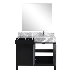 Lexora LZ342242SLISM34FMC Zilara 42" Black and Grey Vanity, Castle Grey Marble Top, White Square Sink, Monte Chrome Faucet Set, and 34" Frameless Mirror