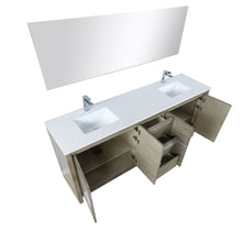 Load image into Gallery viewer, Lexora LLF80DKSODM70FBN Lafarre 80&quot; Rustic Acacia Double Bathroom Vanity, White Quartz Top, White Square Sinks, Labaro Brushed Nickel Faucet Set, and 70&quot; Frameless Mirror