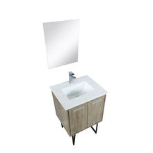 Load image into Gallery viewer, Lexora LLC24SKSOSM18FBN Lancy 24&quot; Rustic Acacia Bathroom Vanity, White Quartz Top, White Square Sink, Labaro Brushed Nickel Faucet Set, and 18&quot; Frameless Mirror