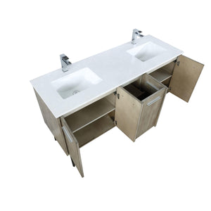 Lexora LLC60DKSOS000FCH Lancy 60" Rustic Acacia Double Bathroom Vanity, White Quartz Top, White Square Sinks, and Monte Chrome Faucet Set