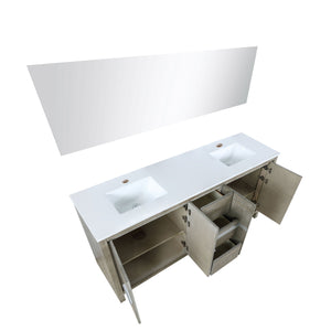 Lexora LLF72DKSODM70 Lafarre 72" Rustic Acacia Double Bathroom Vanity, White Quartz Top, White Square Sinks, and 70" Frameless Mirror