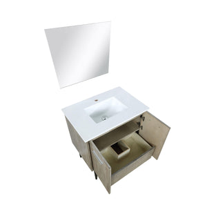 Lexora LLC30SKSOSM28 Lancy 30" Rustic Acacia Bathroom Vanity, White Quartz Top, White Square Sink, and 28" Frameless Mirror