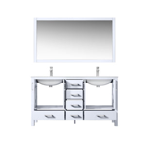 Lexora LJ342260DADSM58F Jacques 60" White Double Vanity, White Carrara Marble Top, White Square Sinks and 58" Mirror w/ Faucets