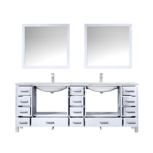 Lexora LJ342284DADSM34F Jacques 84" White Double Vanity, White Carrara Marble Top, White Square Sinks and 34" Mirrors w/ Faucets