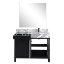 Load image into Gallery viewer, Lexora LZ342242SLISM34FBG Zilara 42&quot; Black and Grey Vanity, Castle Grey Marble Top, White Square Sink, Balzani Gun Metal Faucet Set, and 34&quot; Frameless Mirror