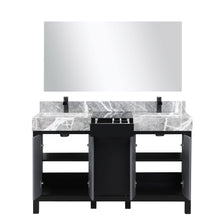 Load image into Gallery viewer, Lexora LZ342255SLISM53FCM Zilara 55&quot; Black and Grey Double Vanity, Castle Grey Marble Tops, White Square Sinks, Cascata Nera Matte Black Faucet Set, and 53&quot; Frameless Mirror