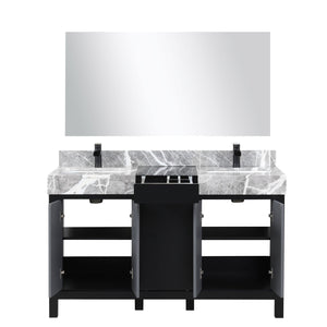 Lexora LZ342255SLISM53FCM Zilara 55" Black and Grey Double Vanity, Castle Grey Marble Tops, White Square Sinks, Cascata Nera Matte Black Faucet Set, and 53" Frameless Mirror