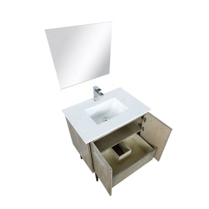 Lexora LLC30SKSOSM28FCH Lancy 30" Rustic Acacia Bathroom Vanity, White Quartz Top, White Square Sink, Monte Chrome Faucet Set, and 28" Frameless Mirror