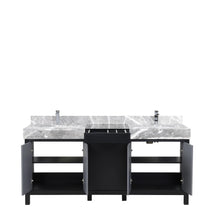 Load image into Gallery viewer, Lexora LZ342272DLISFMC Zilara 72&quot; Black and Grey Double Vanity, Castle Grey Marble Tops, White Square Sinks, and Monte Chrome Faucet Set