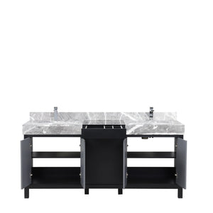 Lexora LZ342272DLISFMC Zilara 72" Black and Grey Double Vanity, Castle Grey Marble Tops, White Square Sinks, and Monte Chrome Faucet Set