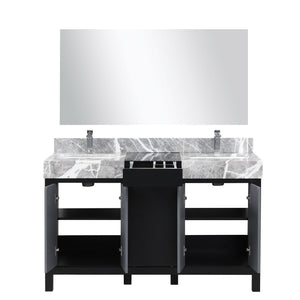 Lexora LZ342255SLISM53FMC Zilara 55" Black and Grey Double Vanity, Castle Grey Marble Tops, White Square Sinks, Monte Chrome Faucet Set, and 53" Frameless Mirror
