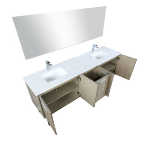 Lexora LLC80DKSOSM70FGM Lancy 80" Rustic Acacia Double Bathroom Vanity, White Quartz Top, White Square Sinks, Balzani Gun Metal Faucet Set, and 70" Frameless Mirror