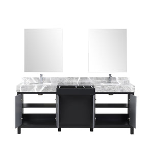 Lexora LZ342280DLISM30FMC Zilara 80" Black and Grey Double Vanity, Castle Grey Marble Tops, White Square Sinks, Monte Chrome Faucet Set, and 30" Frameless Mirrors