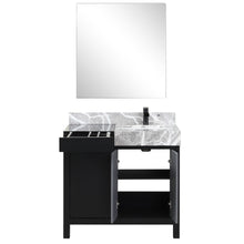 Load image into Gallery viewer, Lexora LZ342236SLISM30FCM Zilara 36&quot; Black and Grey Vanity, Castle Grey Marble Top, White Square Sink, Cascata Nera Matte Black Faucet Set, and 30&quot; Frameless Mirror