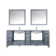 Load image into Gallery viewer, Lexora LJ342284DBDSM34F Jacques 84&quot; Dark Grey Double Vanity, White Carrara Marble Top, White Square Sinks and 34&quot; Mirrors w/ Faucets