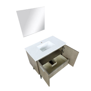 Lexora LLC36SKSOSM28 Lancy 36" Rustic Acacia Bathroom Vanity, White Quartz Top, White Square Sink, and 28" Frameless Mirror