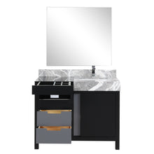 Load image into Gallery viewer, Lexora LZ342242SLISM34FMC Zilara 42&quot; Black and Grey Vanity, Castle Grey Marble Top, White Square Sink, Monte Chrome Faucet Set, and 34&quot; Frameless Mirror